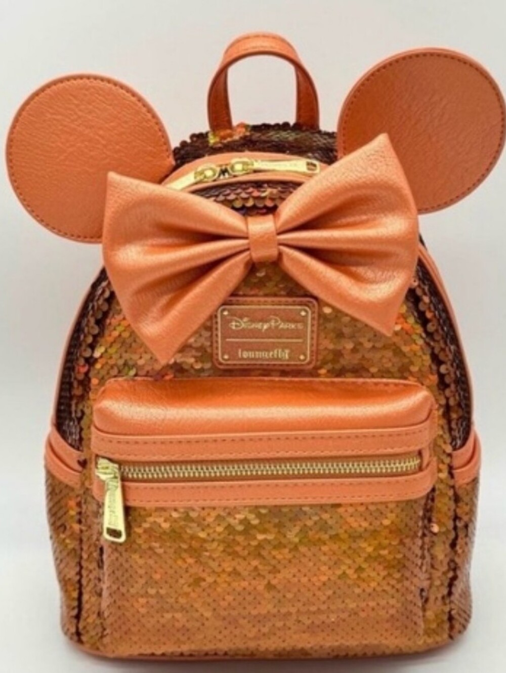 Disney Loungefly Orange Sequin Minnie Ear Bow Mini Backpack